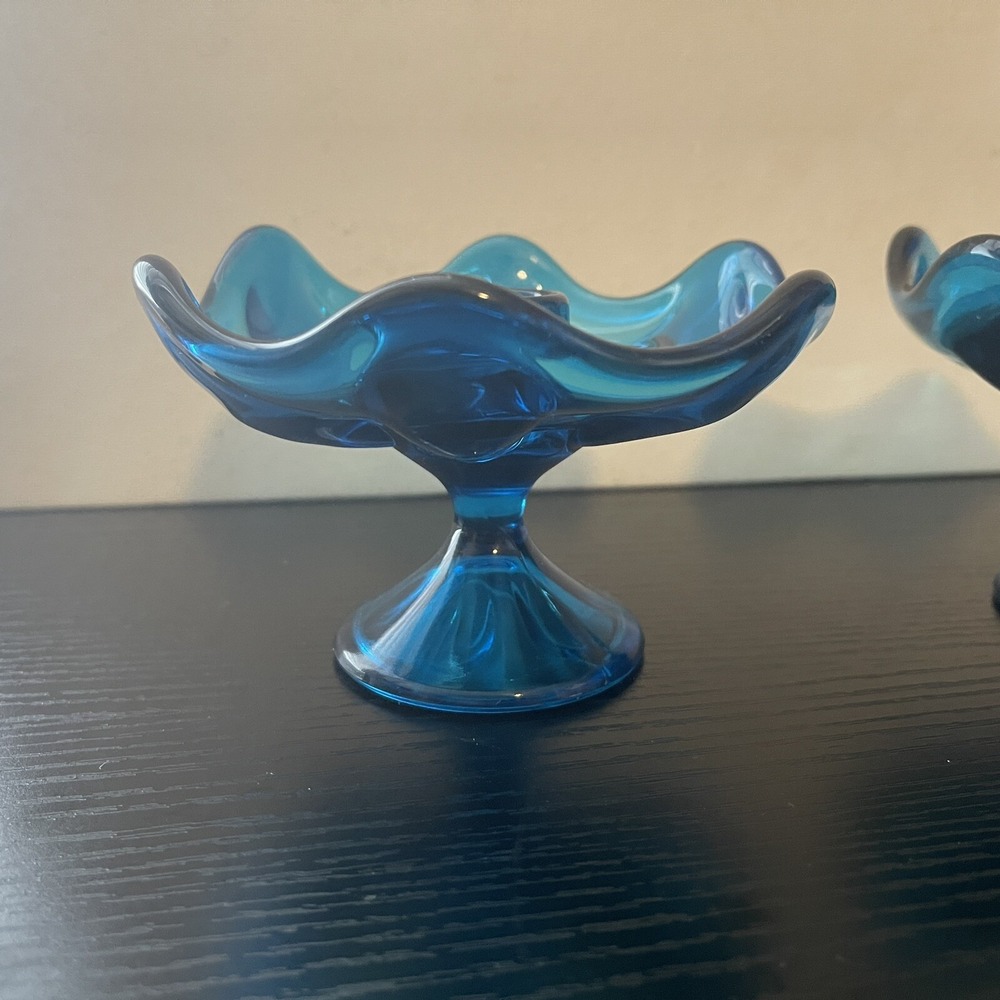 Pair 2x MCM Viking Glass Bluenique 6 Petal Candle Holders Candlestick Holder - Picture 2 of 11